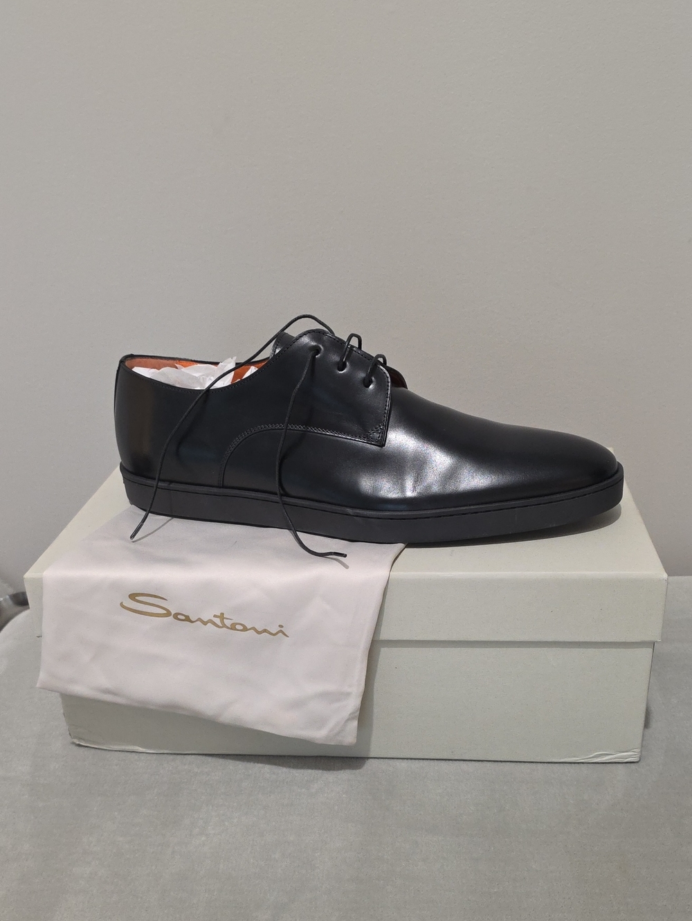 Santoni Black Leather Derby Shoe